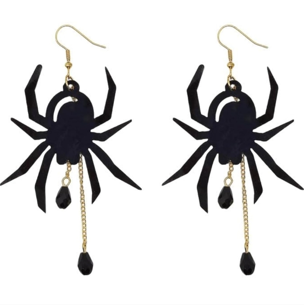 Women’s Jewelry Spooky Cute Black Spider Dangle Earrings with Gold Accents